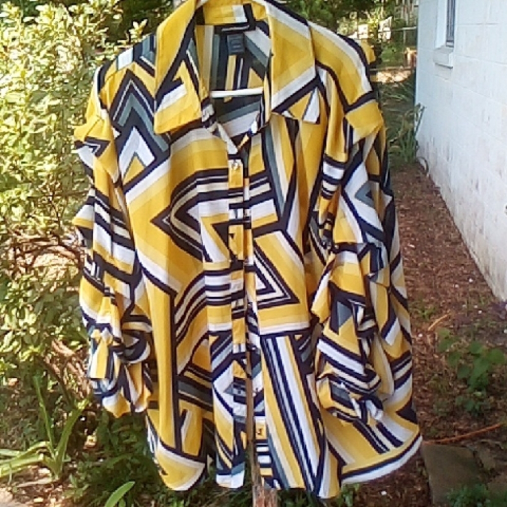 Ashley Stewart Yellow and Black Geometric Top